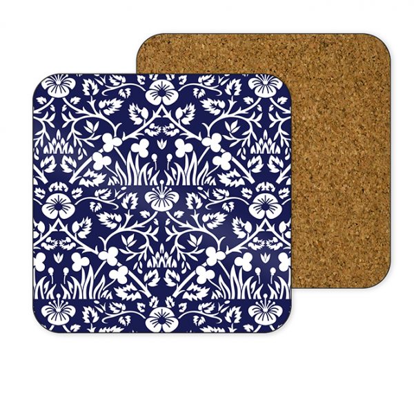 Wood coaster with cork back in blue floral design called William Morris Eyebright