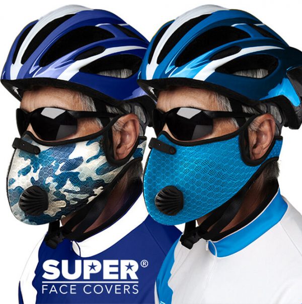 Blue Cycling Mask and Blue Camouflage Face Mask by SUPER FACE COVERS®.