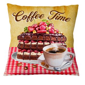 Coffee Time cushion with mouth-watering chocolate cake & coffee illustration.