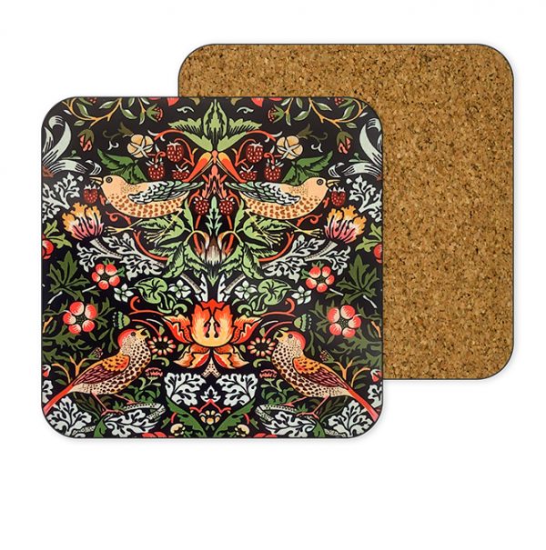 A coaster with cork back named Strawberry Thief