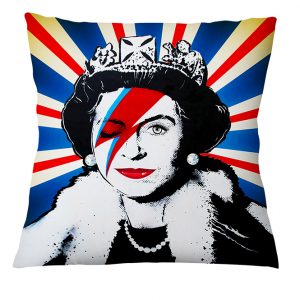 A union jack cushion with image of Queen Elizabeth with David Bowie stardust face makeup.