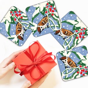 Set of 4 Christmas Coasters Winter Sparrows
