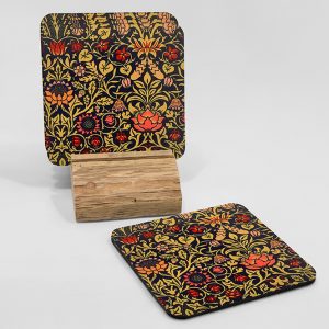 Set of 4 William Morris coasters in a coaster holder