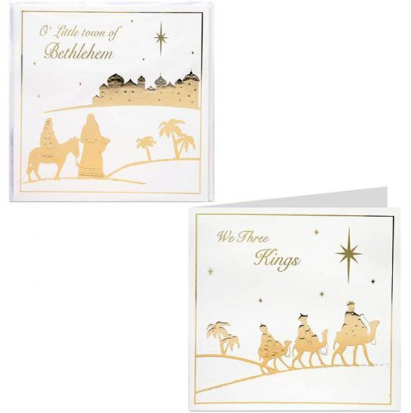 A box of 10 embossed gold foil religious Christmas cards.