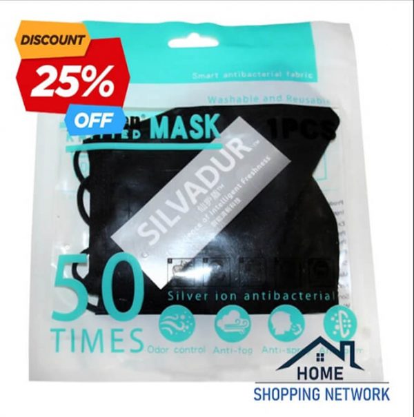 Black reusable face mask in packet.