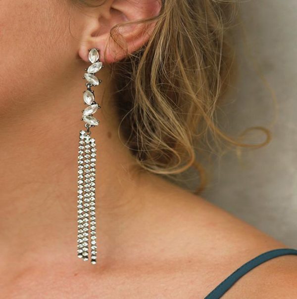 Long Crystal Drop Silver Tassel Earrings