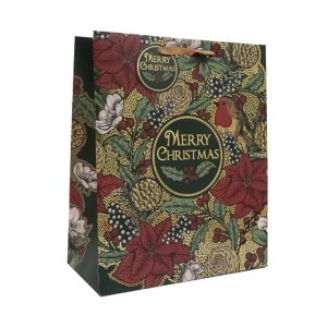 Luxury Christmas Gift Bag with Robin and Poinsettia Flowers