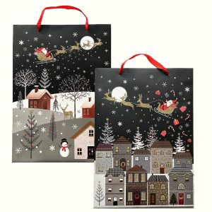 Set of 2 Luxury Christmas Gift Bags with Gold Glitter Santa Scene
