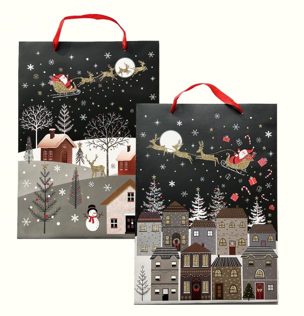 Set of 2 Luxury Christmas Gift Bags with Gold Glitter Santa Scene